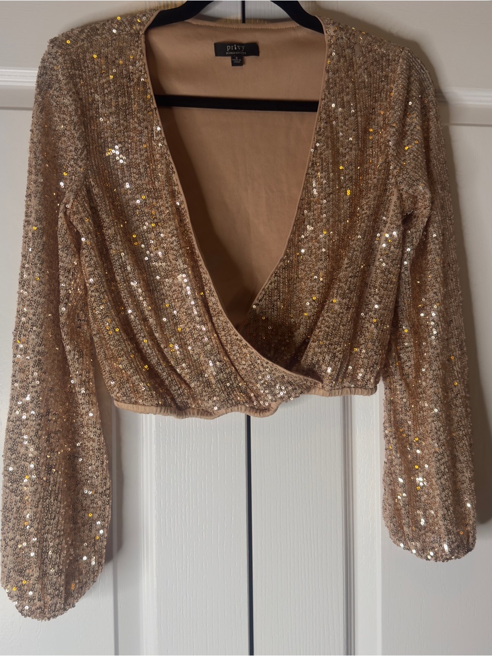 Privy Rose Gold Sequin Long Sleeve Surplice Crop Top Blouse Women’s S